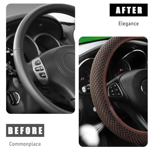 Wevdn Elastic Stretch Steering Wheel Cover, 15"×15" Microfiber Breathable Ice Silk Steering Wheel Protector, Anti-Slip Elastic Steering Wheel Cover for Men Women, Car Accessories (Brown) - color: Brown