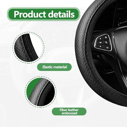 Car Steering Wheel Cover Protector Microfiber Leather, Elastic, Breathable Anti-Slip Odorless, 15 Inches Universal (Black)