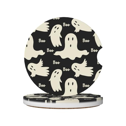 2-Pack Absorbent Car Coasters Ghost Pattern - Ceramic & Non-Scratch Cork Base Cup Holder Coasters Universal 2.56" - color: Ghost Pattern