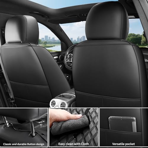 Car Seat Covers Full Set 5PCS,Contoured High-Density Nappa Leather Universal Precision Fit Automotive Seat Covers Full Set,Waterproof Car Seat Protector,forros para asientos de carro,Style1 Black