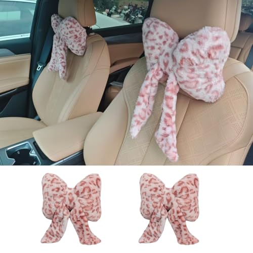 2PCS Cute Bow Car Headrest Pillow, Soft Breathable Leopard Plush Car Neck Support Pillow, Comfortable Warm Ergonomic Auto Interior Head Rest Cushion for Women, Girl (Pink) - color: Pink