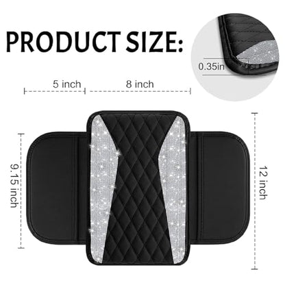NBTEPEM Bling Car Center Console Cover, Leather Middle Console Cover with 2 Storage Bags, Universal Arm Rest Cover Protector, Bling Car Accessories Interior Fit for Most Vehicles, Silver Diamond