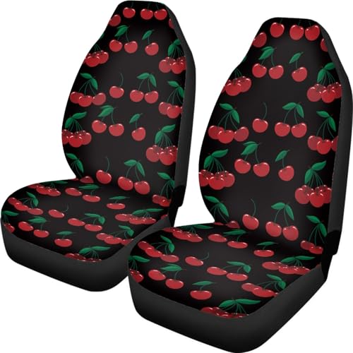 Red Cherry Print Car Seat Covers Full Set of 2, Cute Fruit Cloth Seat for Auto Front Seats, Black Bucket Seat Covers for Cars Washable and Breathable Car Accessories for Sedan Truck SUV - color: Cherry