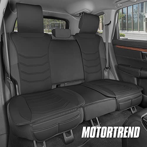 Motor Trend LuxeFit Black Faux Leather Rear Bench – Premium Automotive Back Seat Cover for Cars, Padded Cushion with Pockets, Adjustable Interior Car Seat Protector