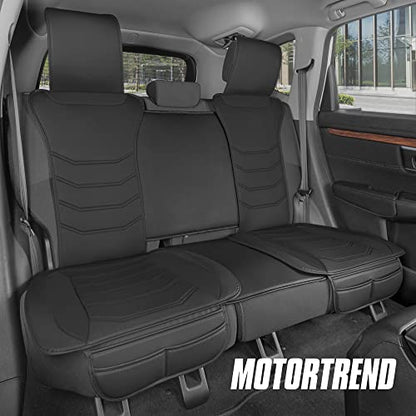 Motor Trend LuxeFit Black Faux Leather Rear Bench – Premium Automotive Back Seat Cover for Cars, Padded Cushion with Pockets, Adjustable Interior Car Seat Protector
