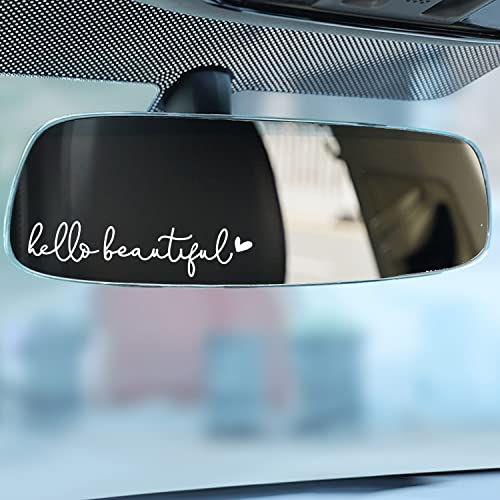 3 x Hello Beautiful Car Mirror Decal, Affirmation Sticker, Rearview Mirror Decal, Tumbler Sticker, Water Bottle Stickers, Vinyl Tumbler Decal, New Car Decor, 4 inches (White, Hello Beautiful)