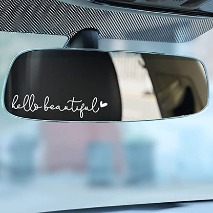 3 x Hello Beautiful Car Mirror Decal, Affirmation Sticker, Rearview Mirror Decal, Tumbler Sticker, Water Bottle Stickers, Vinyl Tumbler Decal, New Car Decor, 4 inches (White, Hello Beautiful)