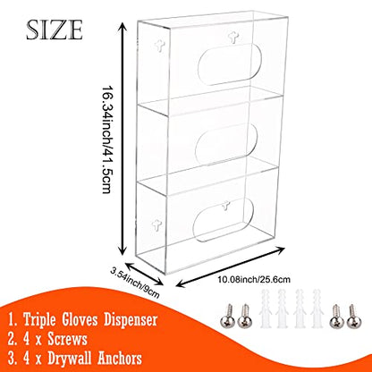 Triple Glove Box Holder Wall Mount, 3 Compartments Clear Acrylic Rubber Nitrile Gloves Dispenser for Lab, Hospital, Kitchen - Side-Loading - Mounting Hardware Included -10 x 3.5 x 16.4 IN - size: Triple