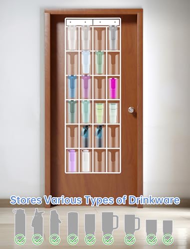 NiHome Clear 24 Pockets Door Hanging Water Bottle Organizer Compatible with 40oz Stanley Tumblers, Hanging PVC Storage Holder With Hooks for Cups, Mugs, Foldable, Large Capacity for Kitchen