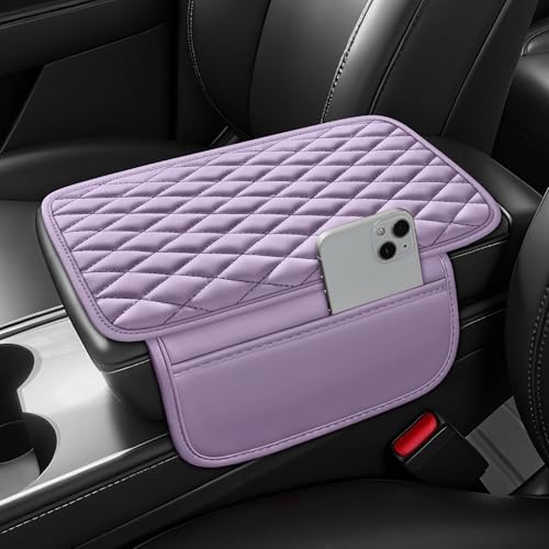 Waterproof Leather Car Center Console Pad with 2 Storage Bags, Auto Armrest Box Cover Protector, Comfortable Interior Accessories for Most Household Cars, Sedans & SUV (Light Purple) - color: Light Purple