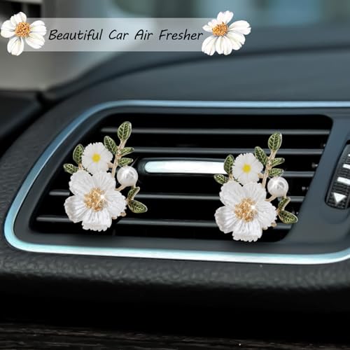 ORIESSE Flower Car Accessories,2pcs White Daisy Bouquet Air Freshener Vent Clips,Car Interior DashBoard Decorations Aesthetics for Women,Refillable Aroma Diffuser