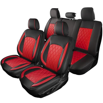 LINGVIDO Car Seat Covers Full Set (5 Seats) - Premium Perforated Nappa Leather, Waterproof Shield, Omni-Adapt Fit SUVs Sedans, Ultimate Family & Pet Protection - color: Black & Red, size: Full Set (5 Seats)