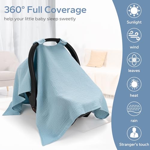 SERAPHY 100% Muslin Cotton Car Seat Cover Baby, Universal Carseat Covers, Breathable Baby Car Seat Canopy for Boys Girls, Soft Infant Car Seat Cover for Summer —Blue - color: Blue