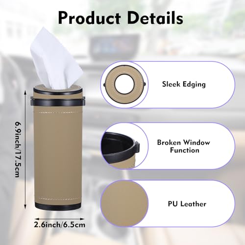 2 Pcs Car Tissues Cylinder Leather Round Tissues Container Car Tissues Holder with Tissues Cylinder Tissue Box with Window Breaker for Car Vehicle Bathroom Office (Beige + Black)