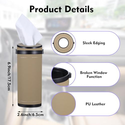 2 Pcs Car Tissues Cylinder Leather Round Tissues Container Car Tissues Holder with Tissues Cylinder Tissue Box with Window Breaker for Car Vehicle Bathroom Office (Beige + Black)