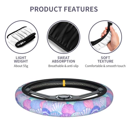 Mermaid Steering Wheel Cover Elastic Non-Slip Car Steering Wheel Covers with Seat Belt Shoulder Pad for Women Men - color: Mermaid