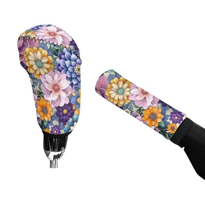 Bulopur Car Shifter Gear Hand Brake Trim Cover Set for Most Cars Van SUV Sedan Truck Auto Accessories - color: Boho Dahlia Flower