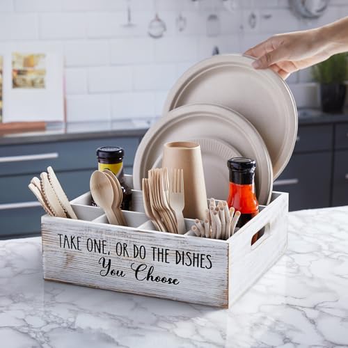 ALELION Rustic White Plate and Utensil Caddy, 6-Compartment Paper Plate and Cutlery Holder with Handles, Kitchen and Party Organizer for BBQs, Picnics, and Gatherings - style: White