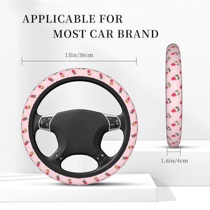 Cute Strawberry Cat Elastic Steering Wheel Cover Non-Slip Breathable Steering Wheel Protector Fit Auto, SUVs, Truck - color: Cute Strawberry Cat