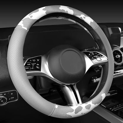CAR PASS Cow Print Faux Leather Car Seat Covers & Cow Car Mats & Cow Steering Wheel Cover Seat Belt Pads Universal fit for SUV,Van,Saden,Truck Cute Car Accessories Automobile Interior Sets All Gray - color: Cow Print Gray