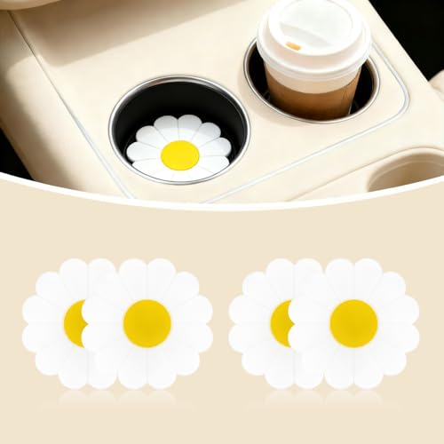 4-Pack 2.75“ White Flower Car Cup Coasters - Floral Silicone Cup Holder Insert Coasters, Non-Slip Decorative Coaster Mats for Car Truck SUV, Cute Car Accessories (White) - color: White