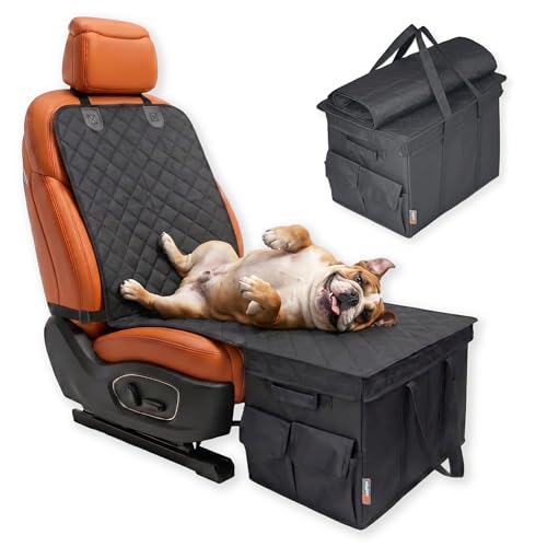 Back & Front Seat Extender for Dogs with Storage – Hard Bottom Dog Car Seat Cover, Waterproof Hammock Gap Filler for Cars, SUVs & Trucks, Scratch-Resistant Pet Seat Protector