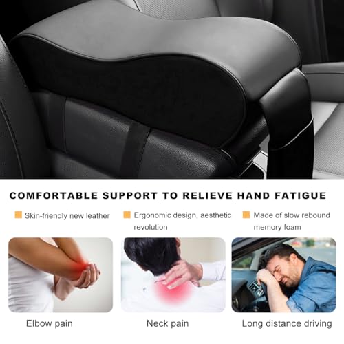 Car Armrest Cushion, Memory Foam Auto Armrest Cushion Pad with Phone Holder Storage Bag, Leather Center Console Armrest Pillow for Most Vehicles, Universal Car Accessories (Black)
