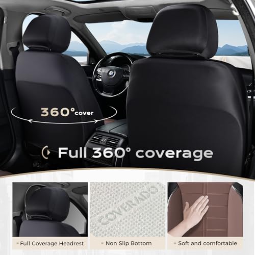 Coverado Front Seat Leather Covers, Full Leather Construction with Carbon Fibre Weave, Universal Fit for Most Cars SUV Trucks (Coffee) - color: Coffee, size: Front