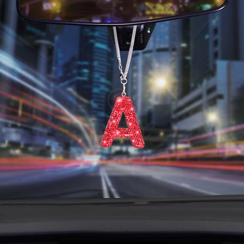 ToBeQueen Bling Hanging Car Accessories, Diamond Crystal Rhinestone Mirror Hanging Letter A Pendant, Cute Lucky Red Bling Car Ornament for Women (Red,A) - color: Red-a