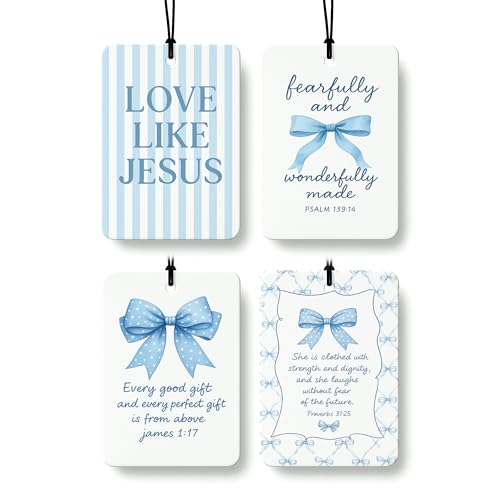 Inspirational Christian Car Air Freshener 4 Pcs, Blue Coquette Bow Religious Hanging Air Freshener for Cars Closet Drawer Books, Girly Christian Car Accessories Mirror Decor for Women - color: Blue Bow Inspirational