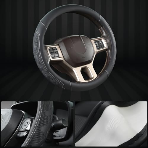 GIANT PANDA Car Steering Wheel Cover for RAM 1500 2500 3500, Compatible with Dodge RAM 15.5-16 inches - Black+Gray Line - color: A-Black+Gray Trim