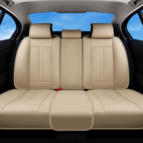 Huidasource Beige Back Seat Cover Luxury Nappa Leather, Rear Seat Cover with Velcro Adjustable, Ventilation Holes, Seat Belts, Child Seats, Car Back Seat Covers Fit for Most Cars SUV Trucks, Beige - color: R# Beige, size: Rear
