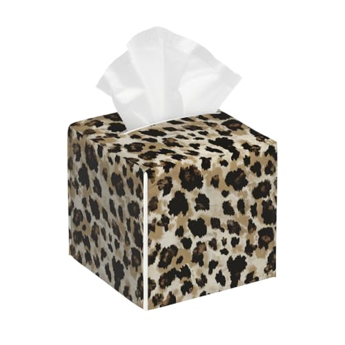 Tissue Box Cover PU Leather Square Tissues Holder Leopard Animal Skin Print Decorative Facial Paper Organizer Dispenser for Bedroom Bathroom Vanity,Home Office Car - color: Brown Yellow
