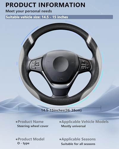 Steering Wheel Cover for Men Women Leather Universal Steering Wheel Covers for Car 15inch (Gray) - color: Premium Grey