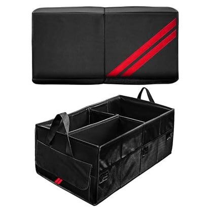 YOSRTER Car Trunk Organizer for Dodge Charger Durango Challenger Ram Collapsible Storage Box with Handle Foldable Lid Non Slip Bottom 2 Compartment Sturdy Base Panel for Dodge Accessories(Red Trim)
