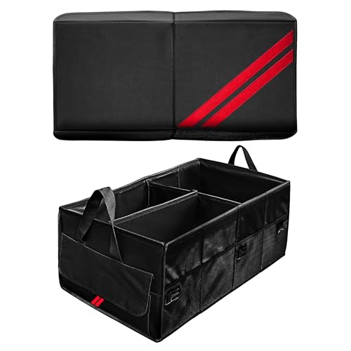 YOSRTER Car Trunk Organizer for Dodge Charger Durango Challenger Ram Collapsible Storage Box with Handle Foldable Lid Non Slip Bottom 2 Compartment Sturdy Base Panel for Dodge Accessories(Red Trim)