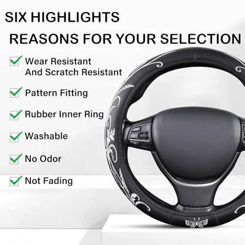 White Embroidery Butterfly Car Steering Wheel Cover,14.5-15 Inch Universal Leather Covers Breathable Anti-Slip Odorless Steering Wheels Accessories for Men Women - color: White Embroidery