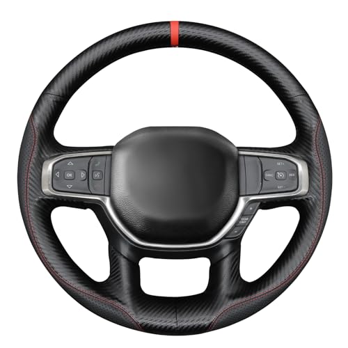 MEWANT Hand Stitch Carbon Fiber & Black Faux Leather Steering Wheel Cover for Dodge RAM 1500 2500 3500 2019-2025 DIY Custom Fit Wrap Non-Slip Performance Interior Accessories for Pickup Trucks - color: Black Faux Leather&PU Carbon Fiber&Red Stitching