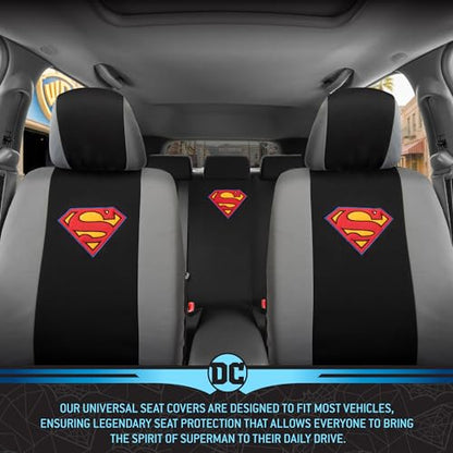 BDK Warner Brothers DC Superman Front & Rear Car Seat Covers Full Set - Easy to Install Durable & Polyester Car Seat Cover - All Vehicles Airbag Compatible Universal Car Accessories (Black & Gray) - size: Full Set, style: Superman