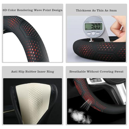 Car Leather Steering Wheel Cover - Panapi Material, Universal 14.5-15 Inch Leather Anti-Slip Breathable Auto Steering Wheel Covers for Men Women (Wave Point-Red) - color: Wave Point-Red