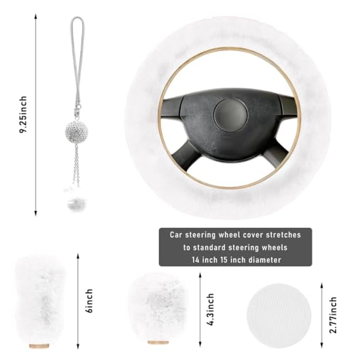 Yourkar 6 PCS Fluffy Steering Wheel Covers Set, 15 Inch Soft Steering Wheel Cover, Handbrake Cover & Gear Shift Cover & Cup Holder Coaster & Car Mirror Accessory, Car Accessories (White) - color: White