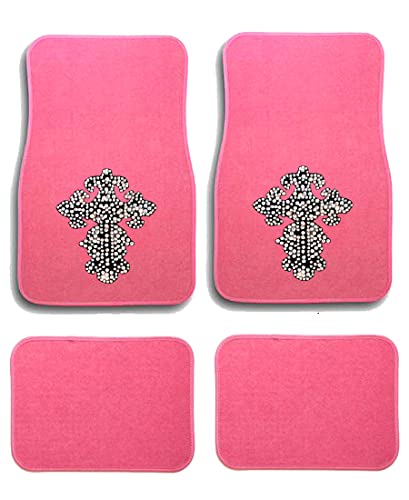 Universal Fit Front/Rear 4-Piece Full Set Crystal Bling Rhinestone Design Studded Carpet Car SUV Truck Pink Floor Mats - Pack of 4 (Greek Cross-Pink) - color: Greek Cross-Pink