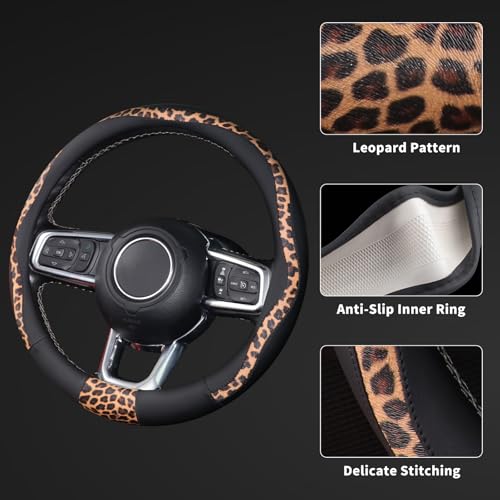 Leopard Steering Wheel Cover, Breathable Microfiber Leather Universal 14.5-15 inch for Most Automotive Steering Wheel Cheetah Print, Black