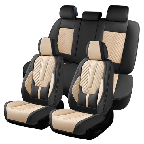 Coverado Car Seat Covers Full Set, Faux Leather Seat Covers for Car, Luxury Automotive Seat Covers Waterproof Car Seat Protector Universal Fit for Most Cars SUV Truck with Lumbar Support(Black&Beige) - color: Black&Beige, size: Fullset