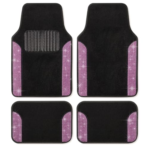 Carbella Diamond Bling Car Mats 4-Piece Set, Shiny Rhinestone Crystal Carpet Car Floor Mats, Two-Tone Floor Mats for Cars, Cute Automotive Interior Car Accessories for Women (Light Pink)