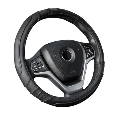 Achiou Black Car Steering Wheel Cover Universal 15 inch with Grip Contours, Leather Auto for Men and Women Non-Slip Breathable Soft and Comfortable