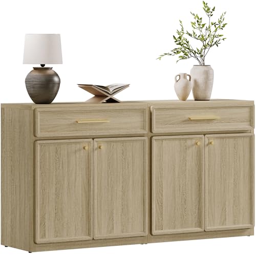 SICOTAS Buffet Cabinet with Storage Tall Modern Accent Storage Cabinet with Doors and Shelves 60 inch Wide Wooden Sideboard Credenza Buffets Console Table Coffee Bar for Kitchen Dining Living Room - color: Light Oak, size: 2 Pieces