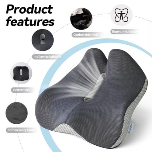 18x16 Inch Grey and Black Memory Foam Seat Cushion for Office Chair, Car Seat and Travel, Contoured Chair Pad with Removable Cover, Non-Slip Bottom and Carry Handle - color: Mesh