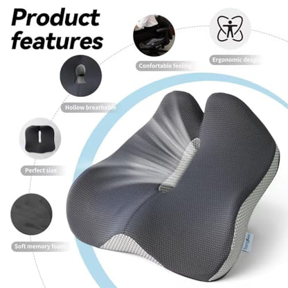 18x16 Inch Grey and Black Memory Foam Seat Cushion for Office Chair, Car Seat and Travel, Contoured Chair Pad with Removable Cover, Non-Slip Bottom and Carry Handle - color: Mesh