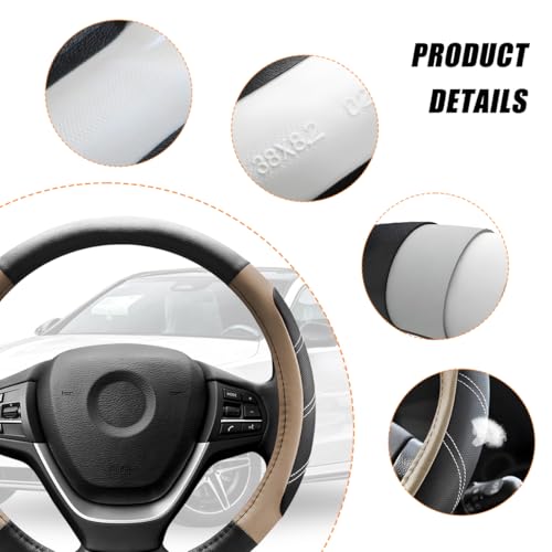 Car Steering Wheel Cover, 15 Inch Carbon Fiber Leather Non-Slip Steering Wheel Protector with Lining, Breathable Automotive Interior Accessories, Universal for SUV RV Truck (Beige)